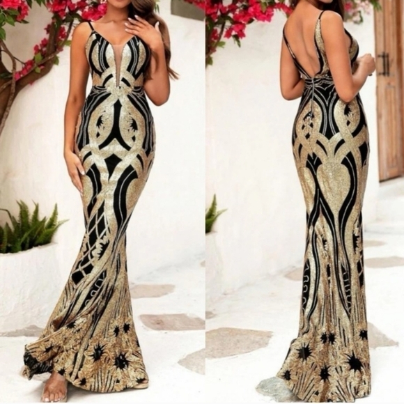 Multicolor Floral All Over Print, Cami, Sequined Formal Maxi Gown - Picture 3 of 16